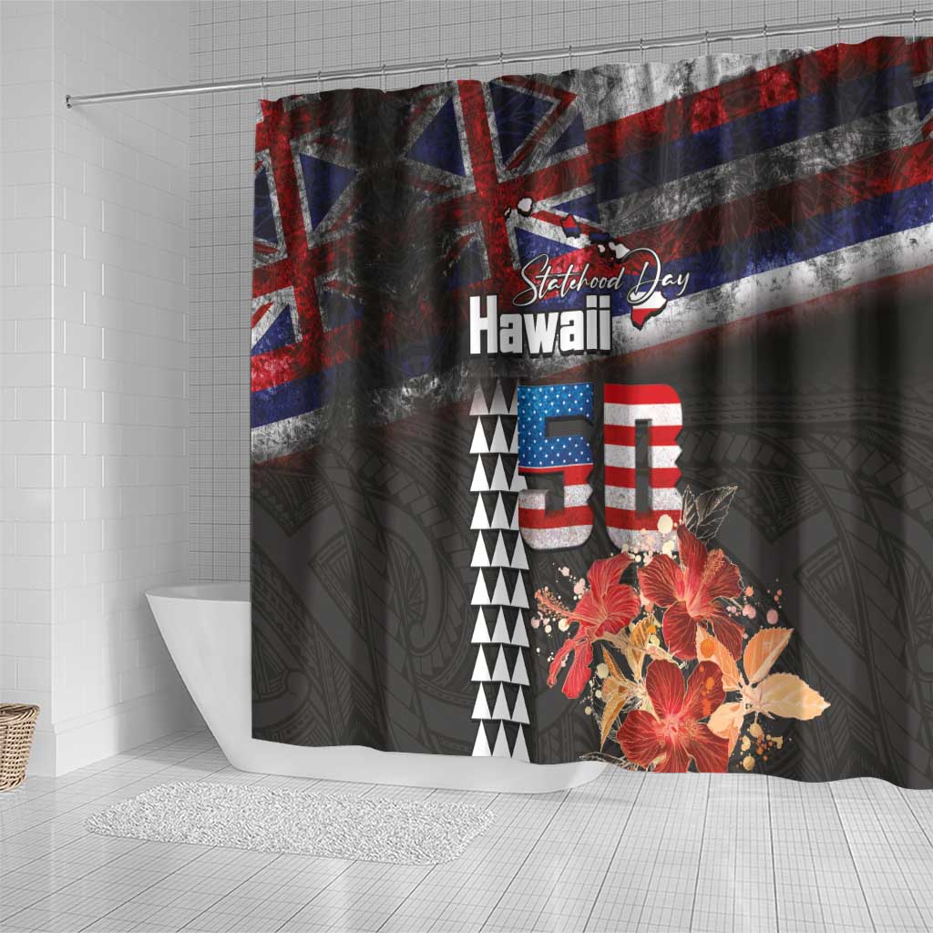 Hawaii Statehood Day Shower Curtain 50th state of the United States Kakau Tattoos and Hibiscus Grunge LT03 - Polynesian Pride