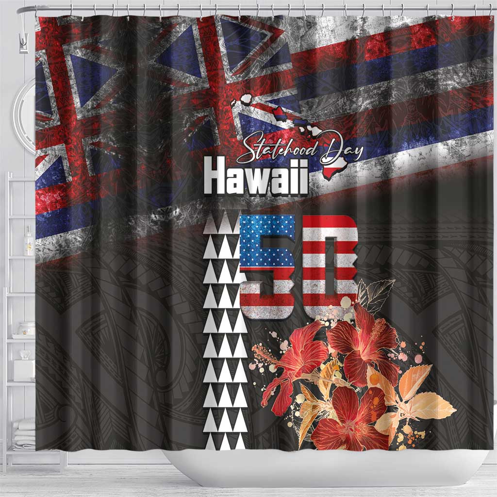 Hawaii Statehood Day Shower Curtain 50th state of the United States Kakau Tattoos and Hibiscus Grunge LT03 - Polynesian Pride