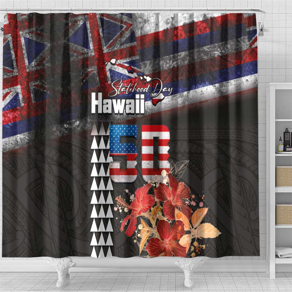 Hawaii Statehood Day Shower Curtain 50th state of the United States Kakau Tattoos and Hibiscus Grunge LT03 - Polynesian Pride