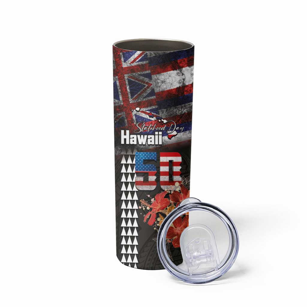 Hawaii Statehood Day Skinny Tumbler 50th state of the United States Kakau Tattoos and Hibiscus Grunge LT03 - Polynesian Pride