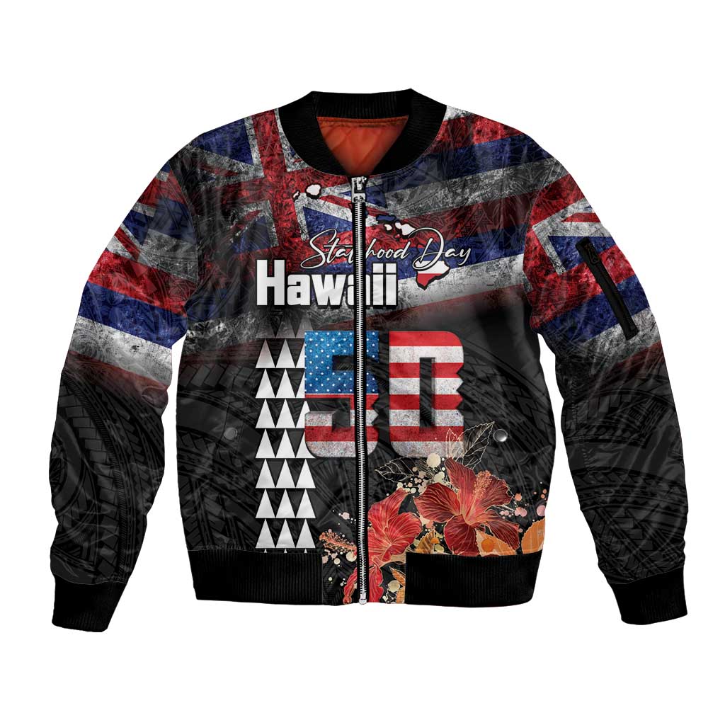 Hawaii Statehood Day Sleeve Zip Bomber Jacket 50th state of the United States Kakau Tattoos and Hibiscus Grunge LT03 Unisex Black - Polynesian Pride