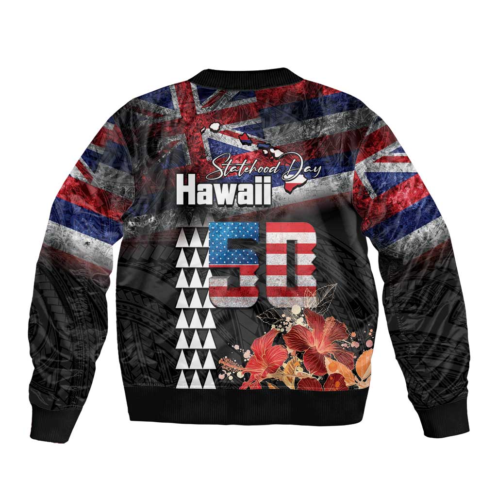 Hawaii Statehood Day Sleeve Zip Bomber Jacket 50th state of the United States Kakau Tattoos and Hibiscus Grunge LT03 - Polynesian Pride