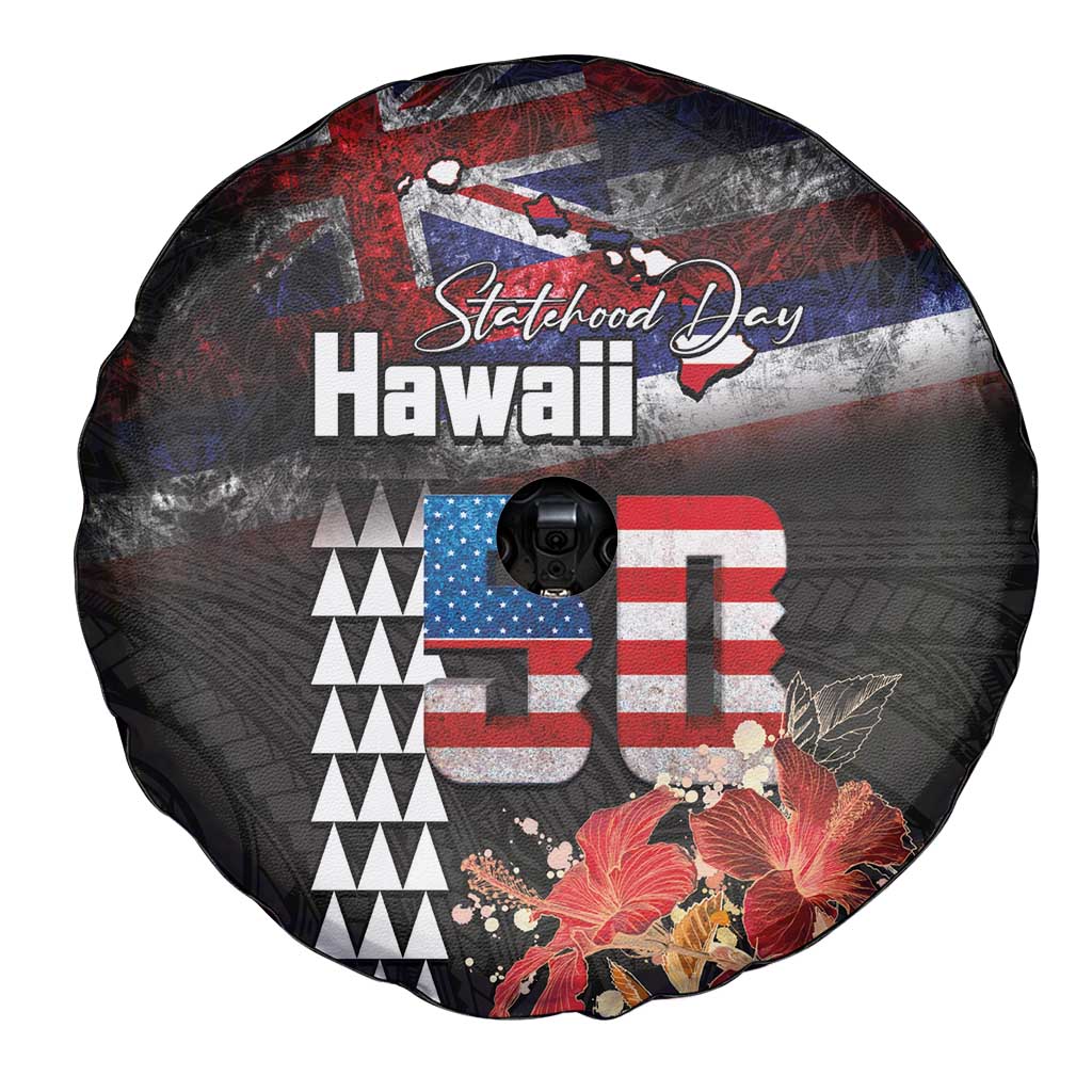 Hawaii Statehood Day Spare Tire Cover 50th state of the United States Kakau Tattoos and Hibiscus Grunge LT03 - Polynesian Pride