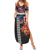 Hawaii Statehood Day Summer Maxi Dress 50th state of the United States Kakau Tattoos and Hibiscus Grunge LT03 Women Black - Polynesian Pride