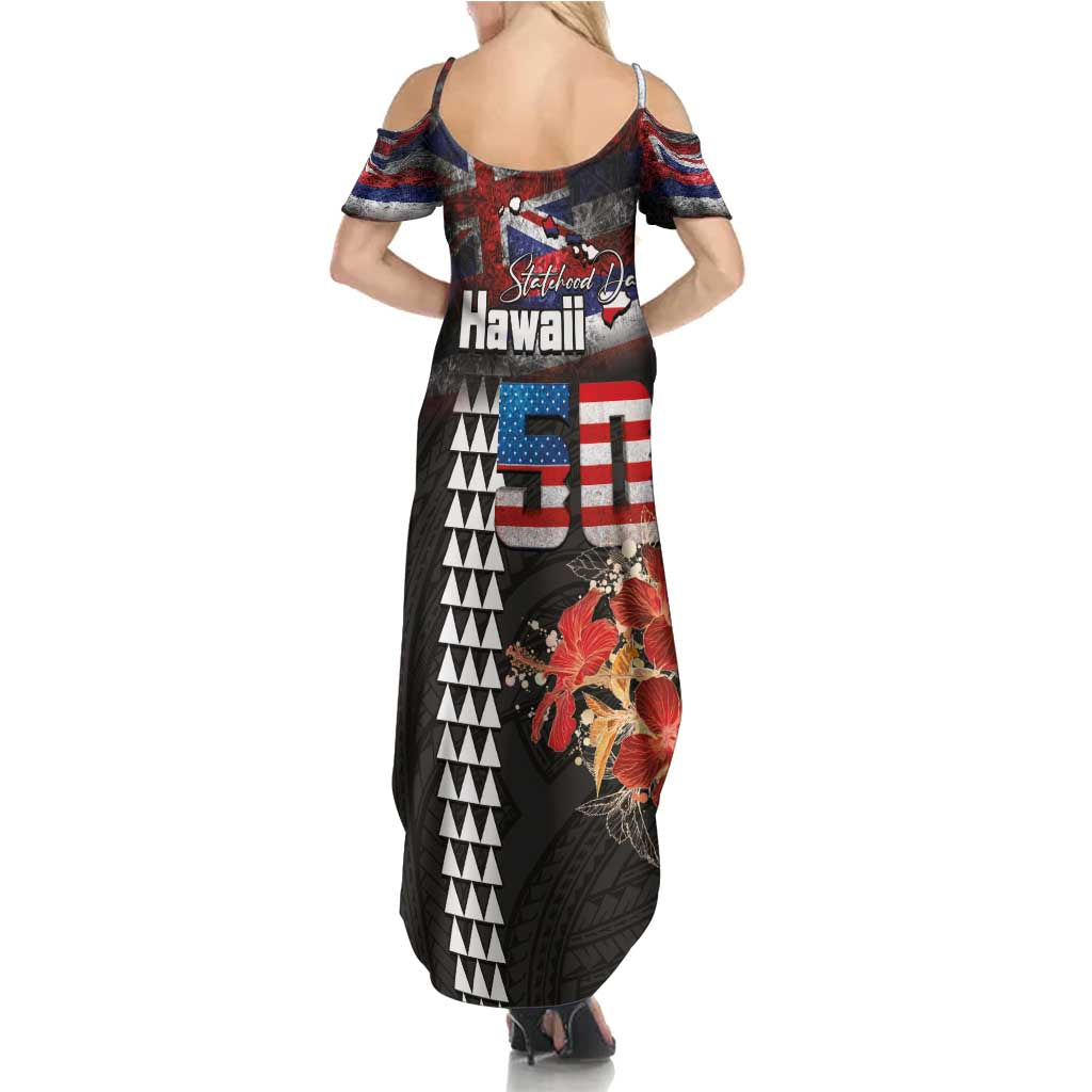 Hawaii Statehood Day Summer Maxi Dress 50th state of the United States Kakau Tattoos and Hibiscus Grunge LT03 - Polynesian Pride