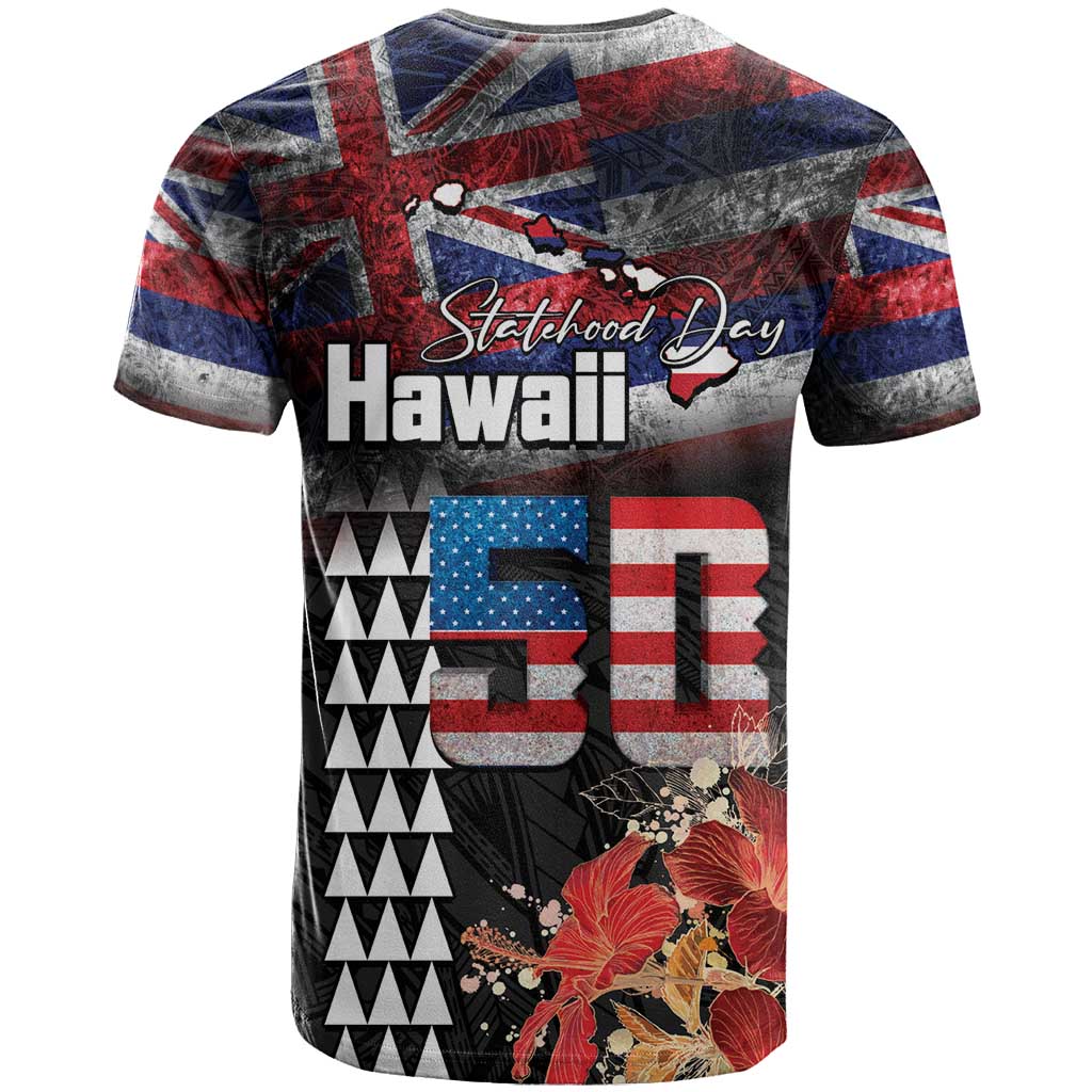 Hawaii Statehood Day T Shirt 50th state of the United States Kakau Tattoos and Hibiscus Grunge LT03 - Polynesian Pride