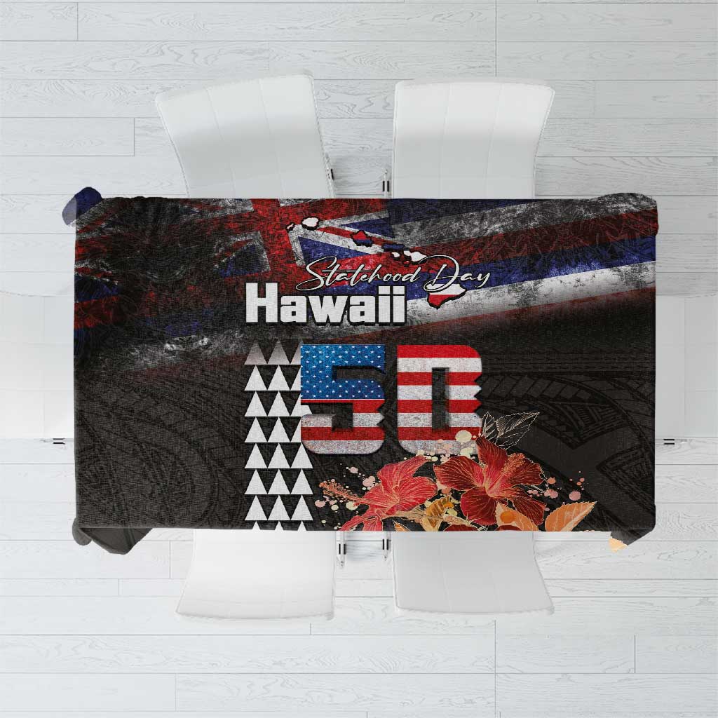 Hawaii Statehood Day Tablecloth 50th state of the United States Kakau Tattoos and Hibiscus Grunge LT03 Black - Polynesian Pride