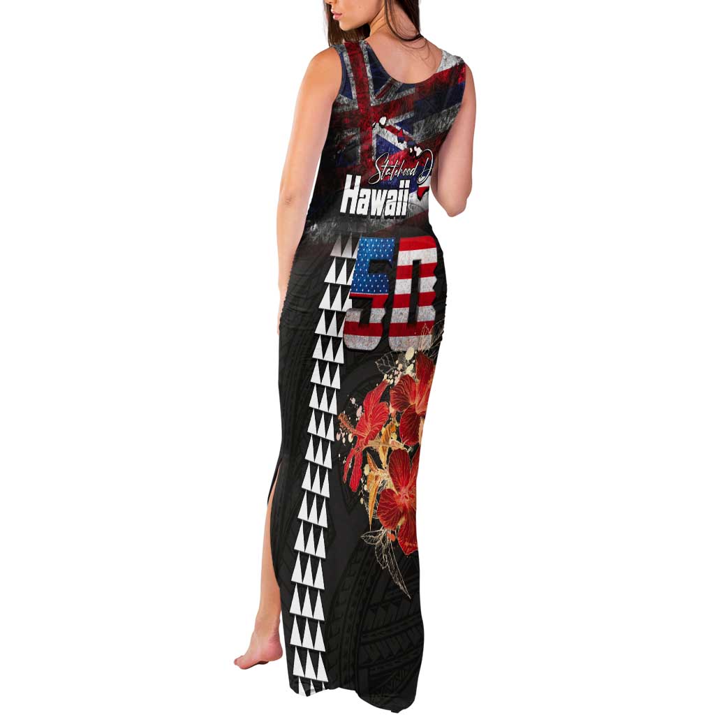 Hawaii Statehood Day Tank Maxi Dress 50th state of the United States Kakau Tattoos and Hibiscus Grunge LT03 - Polynesian Pride