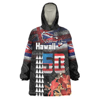 Hawaii Statehood Day Wearable Blanket Hoodie 50th state of the United States Kakau Tattoos and Hibiscus Grunge LT03 One Size Black - Polynesian Pride