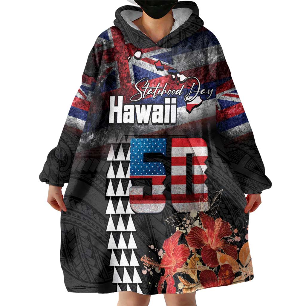 Hawaii Statehood Day Wearable Blanket Hoodie 50th state of the United States Kakau Tattoos and Hibiscus Grunge LT03 - Polynesian Pride