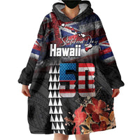 Hawaii Statehood Day Wearable Blanket Hoodie 50th state of the United States Kakau Tattoos and Hibiscus Grunge LT03 - Polynesian Pride