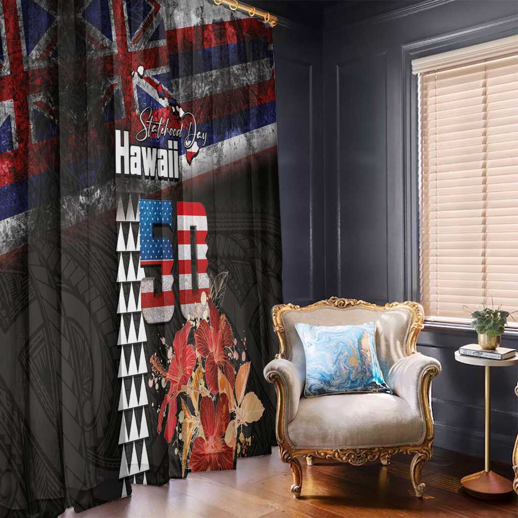 Hawaii Statehood Day Window Curtain 50th state of the United States Kakau Tattoos and Hibiscus Grunge LT03 - Polynesian Pride