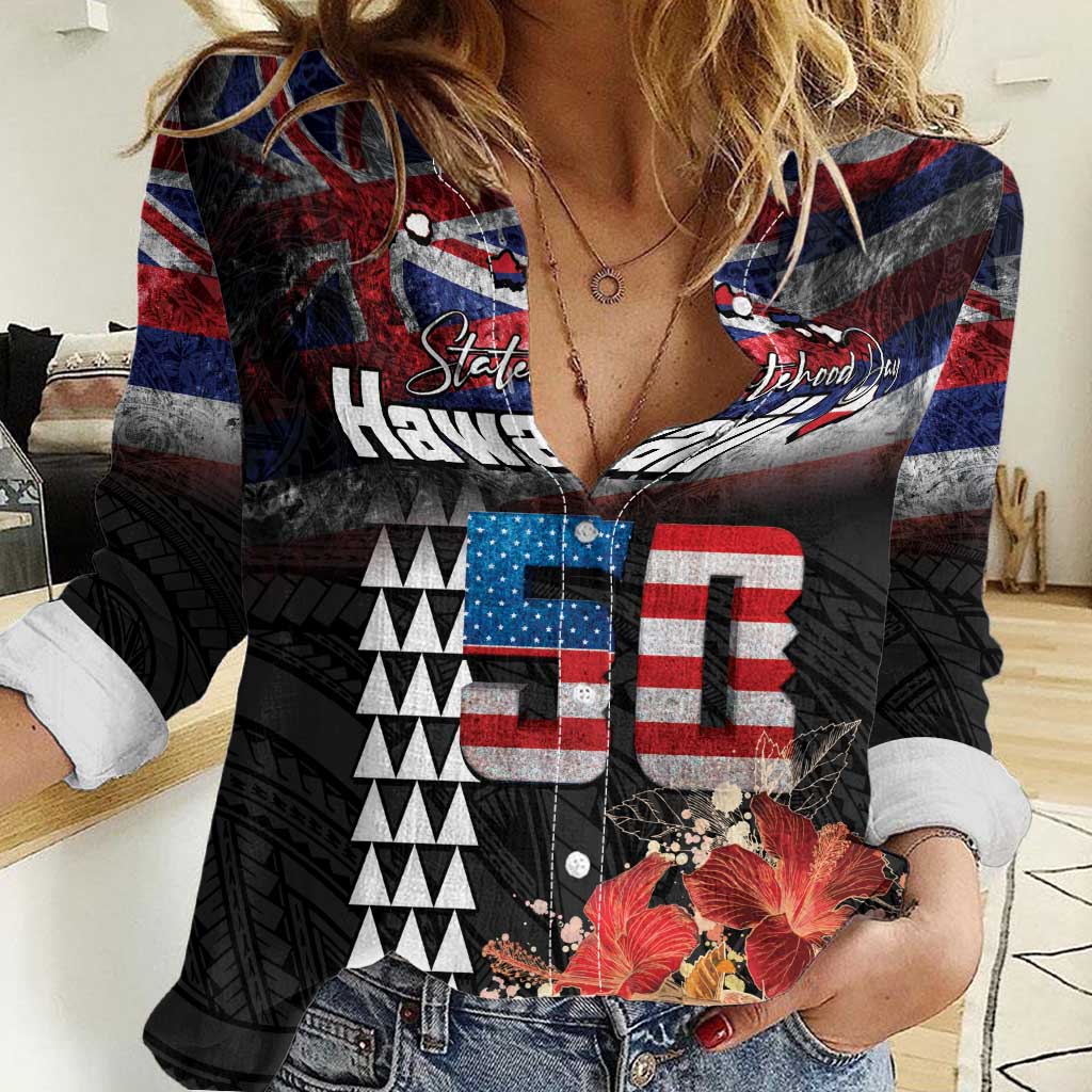 Hawaii Statehood Day Women Casual Shirt 50th state of the United States Kakau Tattoos and Hibiscus Grunge LT03 Female Black - Polynesian Pride