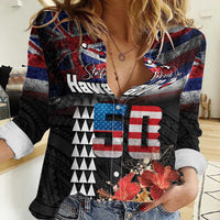 Hawaii Statehood Day Women Casual Shirt 50th state of the United States Kakau Tattoos and Hibiscus Grunge LT03 Female Black - Polynesian Pride