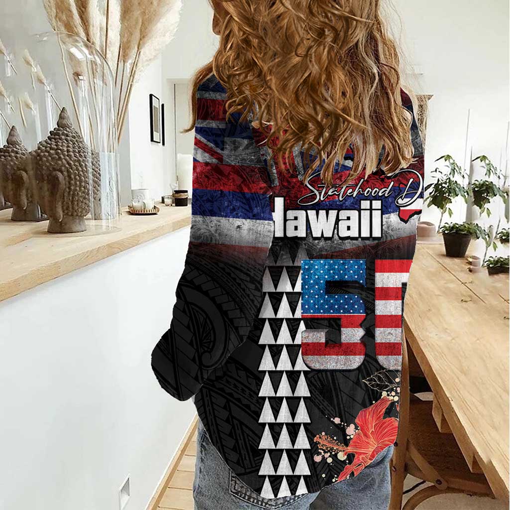 Hawaii Statehood Day Women Casual Shirt 50th state of the United States Kakau Tattoos and Hibiscus Grunge LT03 - Polynesian Pride