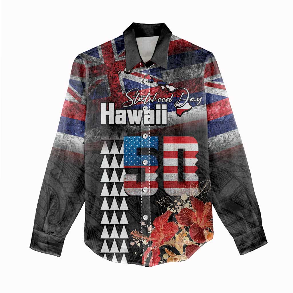 Hawaii Statehood Day Women Casual Shirt 50th state of the United States Kakau Tattoos and Hibiscus Grunge LT03 - Polynesian Pride