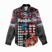 Hawaii Statehood Day Women Casual Shirt 50th state of the United States Kakau Tattoos and Hibiscus Grunge LT03 - Polynesian Pride