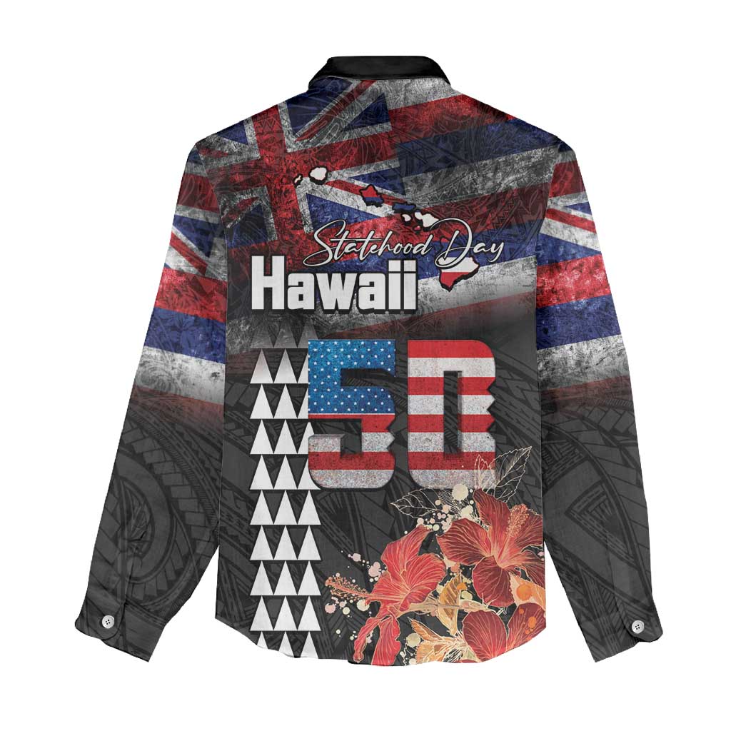 Hawaii Statehood Day Women Casual Shirt 50th state of the United States Kakau Tattoos and Hibiscus Grunge LT03 - Polynesian Pride
