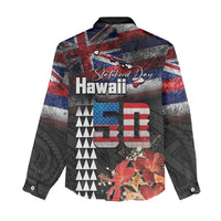 Hawaii Statehood Day Women Casual Shirt 50th state of the United States Kakau Tattoos and Hibiscus Grunge LT03 - Polynesian Pride