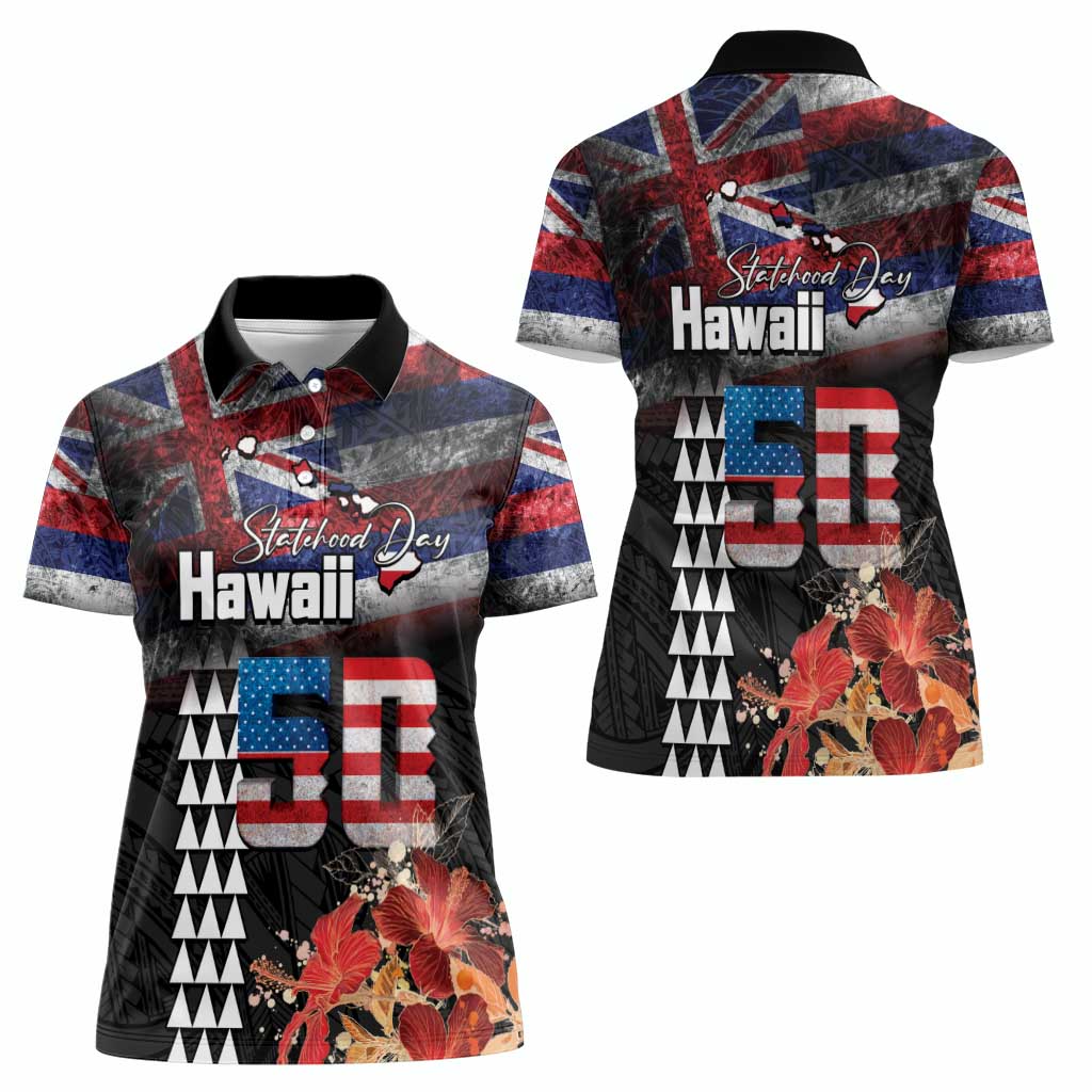 Hawaii Statehood Day Women Polo Shirt 50th state of the United States Kakau Tattoos and Hibiscus Grunge LT03 - Polynesian Pride