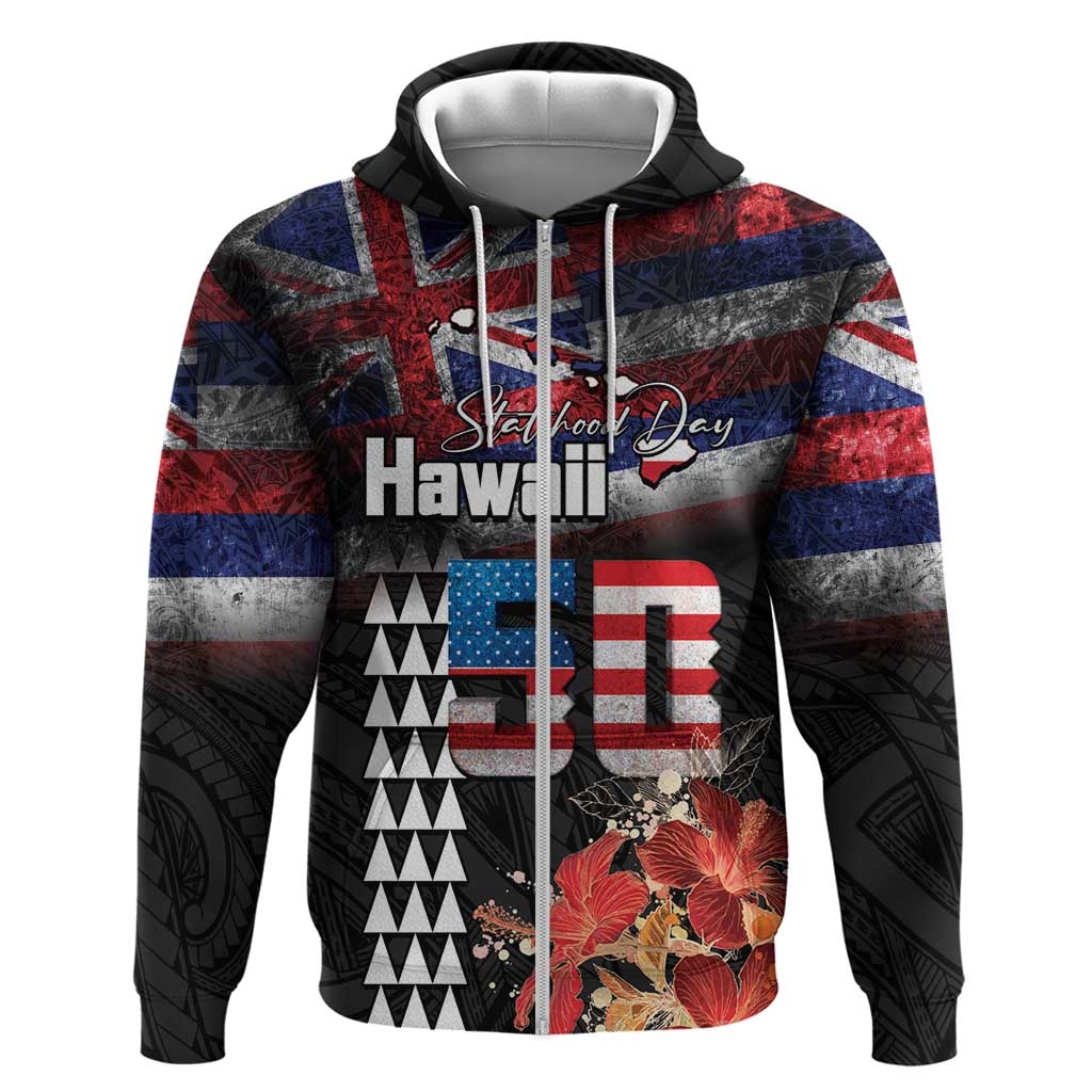 Hawaii Statehood Day Zip Hoodie 50th state of the United States Kakau Tattoos and Hibiscus Grunge LT03 Zip Hoodie Black - Polynesian Pride