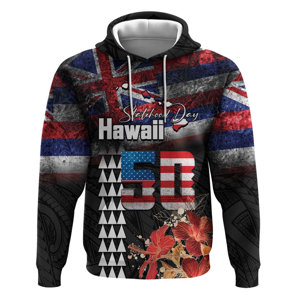 Hawaii Statehood Day Zip Hoodie 50th state of the United States Kakau Tattoos and Hibiscus Grunge LT03 Pullover Hoodie Black - Polynesian Pride