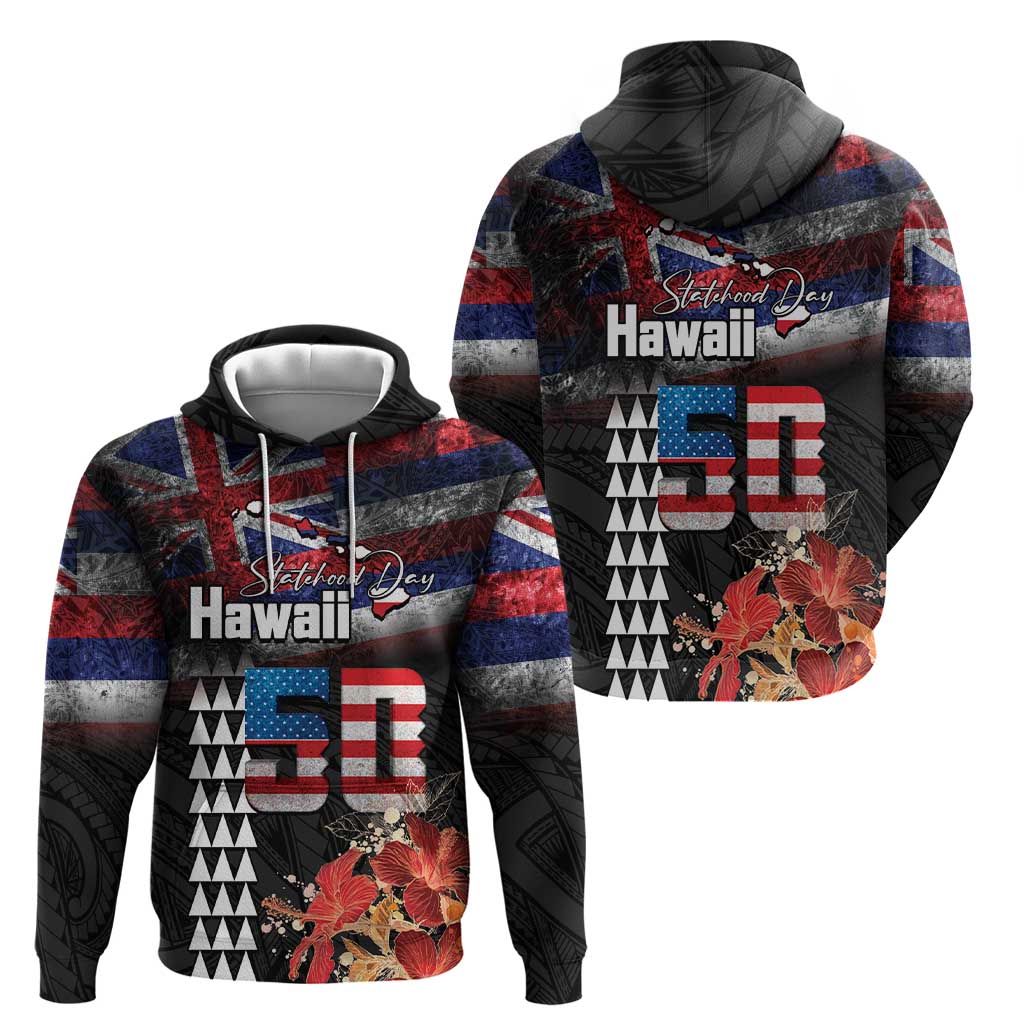 Hawaii Statehood Day Zip Hoodie 50th state of the United States Kakau Tattoos and Hibiscus Grunge LT03 - Polynesian Pride