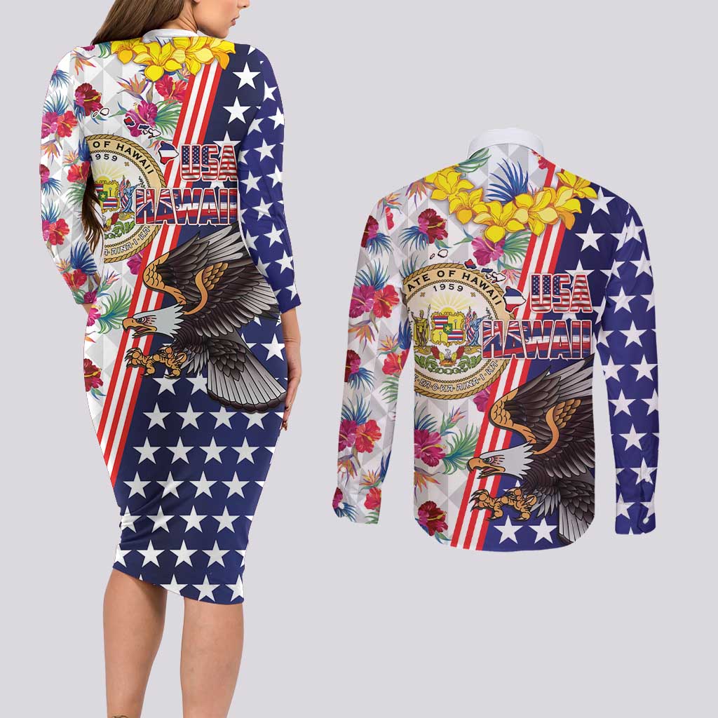 Hawaii and United States Together Couples Matching Long Sleeve Bodycon Dress and Long Sleeve Button Shirt Seal of Hawaii and Bald Eagle LT03 - Polynesian Pride