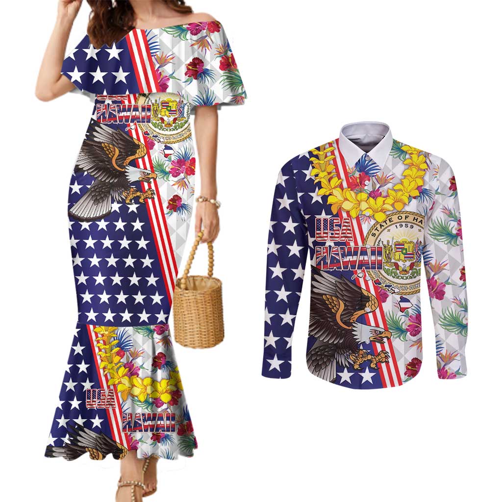 Hawaii and United States Together Couples Matching Mermaid Dress and Long Sleeve Button Shirt Seal of Hawaii and Bald Eagle LT03 White - Polynesian Pride