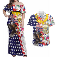 Hawaii and United States Together Couples Matching Off Shoulder Maxi Dress and Hawaiian Shirt Seal of Hawaii and Bald Eagle LT03 White - Polynesian Pride