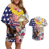 Hawaii and United States Together Couples Matching Off Shoulder Short Dress and Hawaiian Shirt Seal of Hawaii and Bald Eagle LT03 White - Polynesian Pride