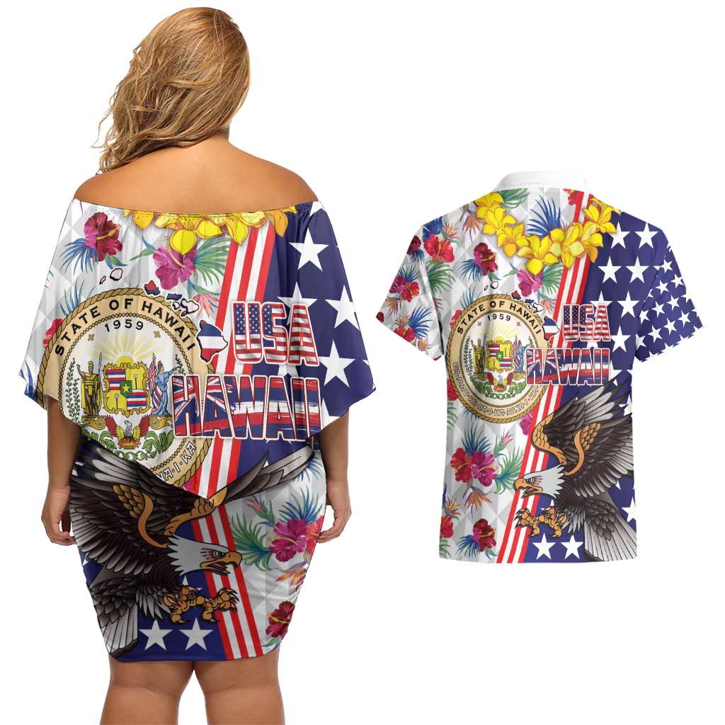 Hawaii and United States Together Couples Matching Off Shoulder Short Dress and Hawaiian Shirt Seal of Hawaii and Bald Eagle LT03 - Polynesian Pride