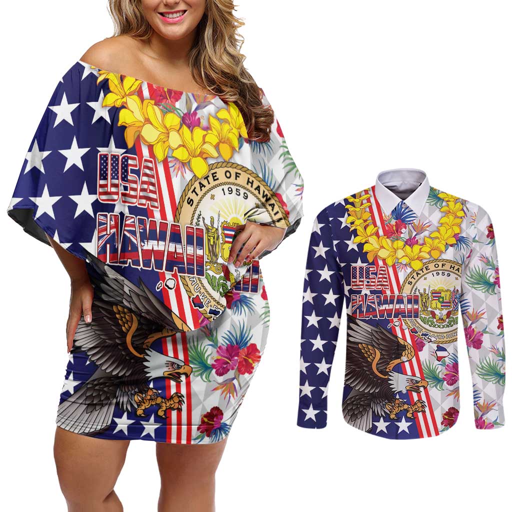Hawaii and United States Together Couples Matching Off Shoulder Short Dress and Long Sleeve Button Shirt Seal of Hawaii and Bald Eagle LT03 White - Polynesian Pride