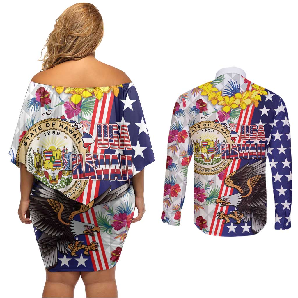 Hawaii and United States Together Couples Matching Off Shoulder Short Dress and Long Sleeve Button Shirt Seal of Hawaii and Bald Eagle LT03 - Polynesian Pride