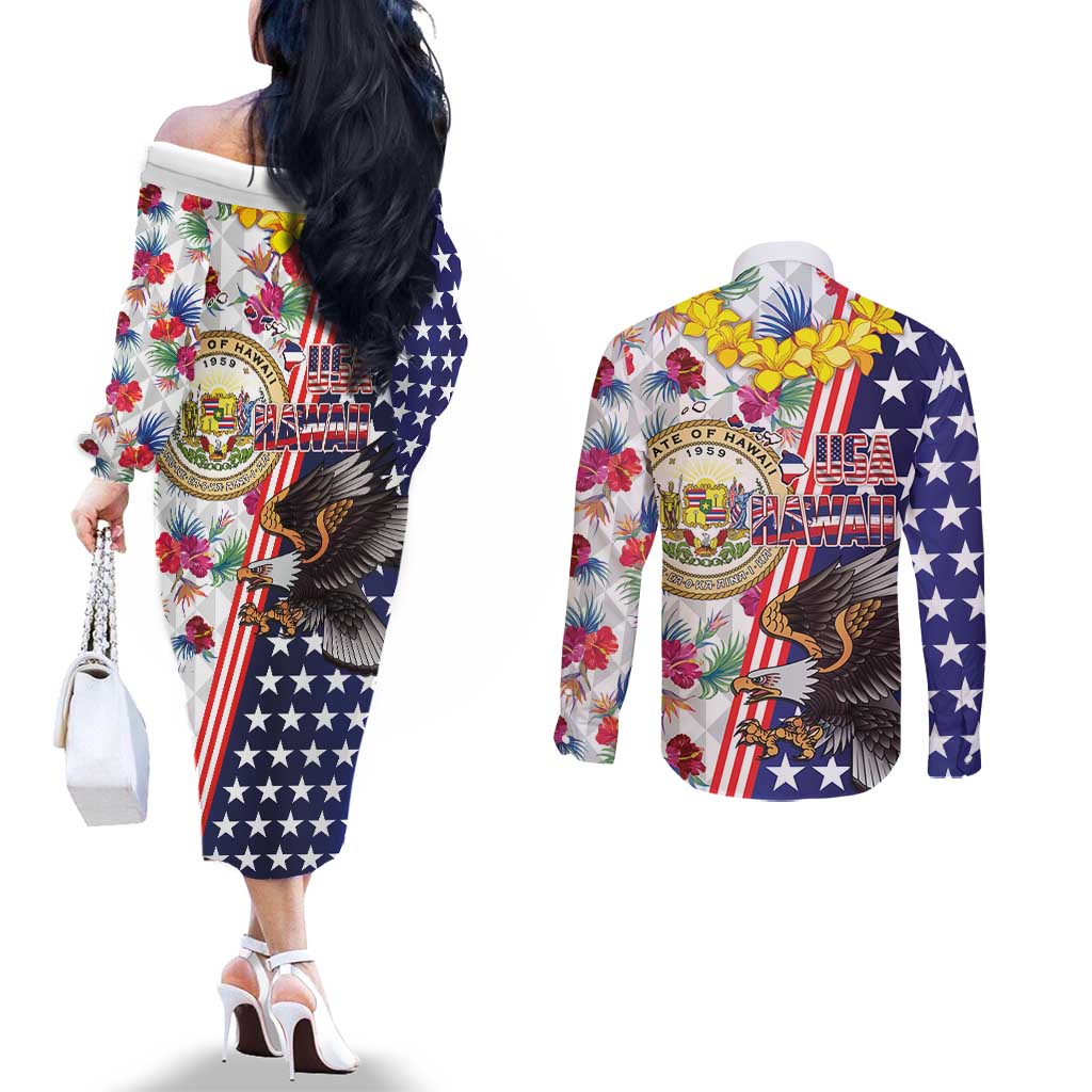 Hawaii and United States Together Couples Matching Off The Shoulder Long Sleeve Dress and Long Sleeve Button Shirt Seal of Hawaii and Bald Eagle LT03 - Polynesian Pride