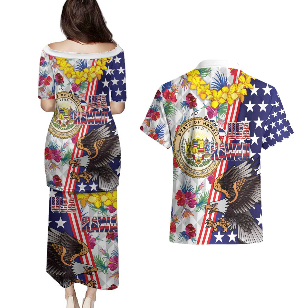 Hawaii and United States Together Couples Matching Puletasi and Hawaiian Shirt Seal of Hawaii and Bald Eagle LT03 - Polynesian Pride