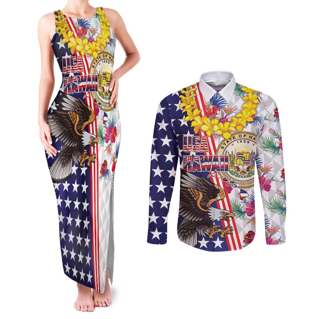 Hawaii and United States Together Couples Matching Tank Maxi Dress and Long Sleeve Button Shirt Seal of Hawaii and Bald Eagle LT03 White - Polynesian Pride
