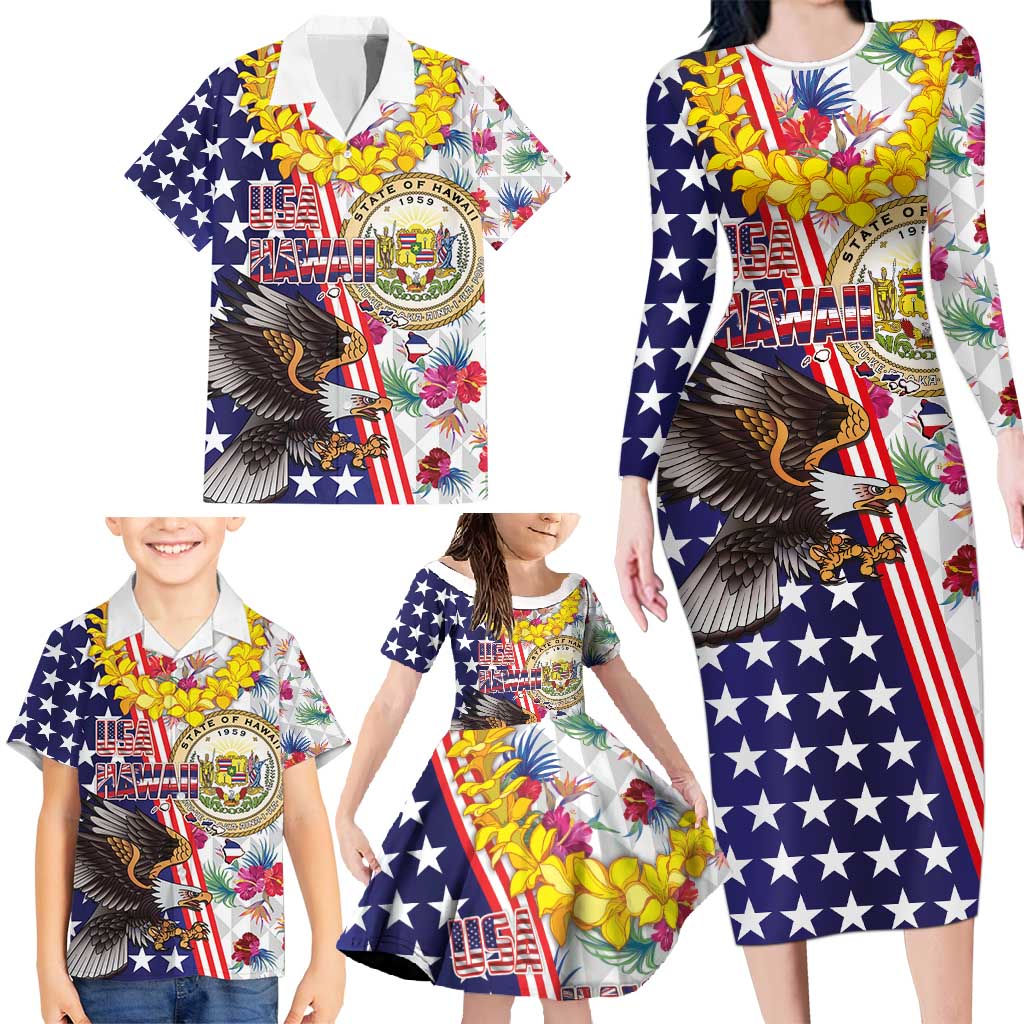 Hawaii and United States Together Family Matching Long Sleeve Bodycon Dress and Hawaiian Shirt Seal of Hawaii and Bald Eagle LT03 - Polynesian Pride