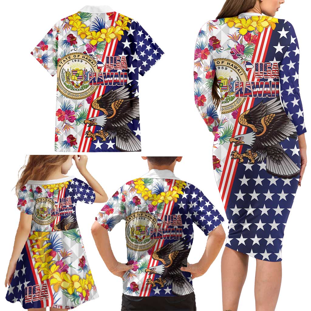 Hawaii and United States Together Family Matching Long Sleeve Bodycon Dress and Hawaiian Shirt Seal of Hawaii and Bald Eagle LT03 - Polynesian Pride