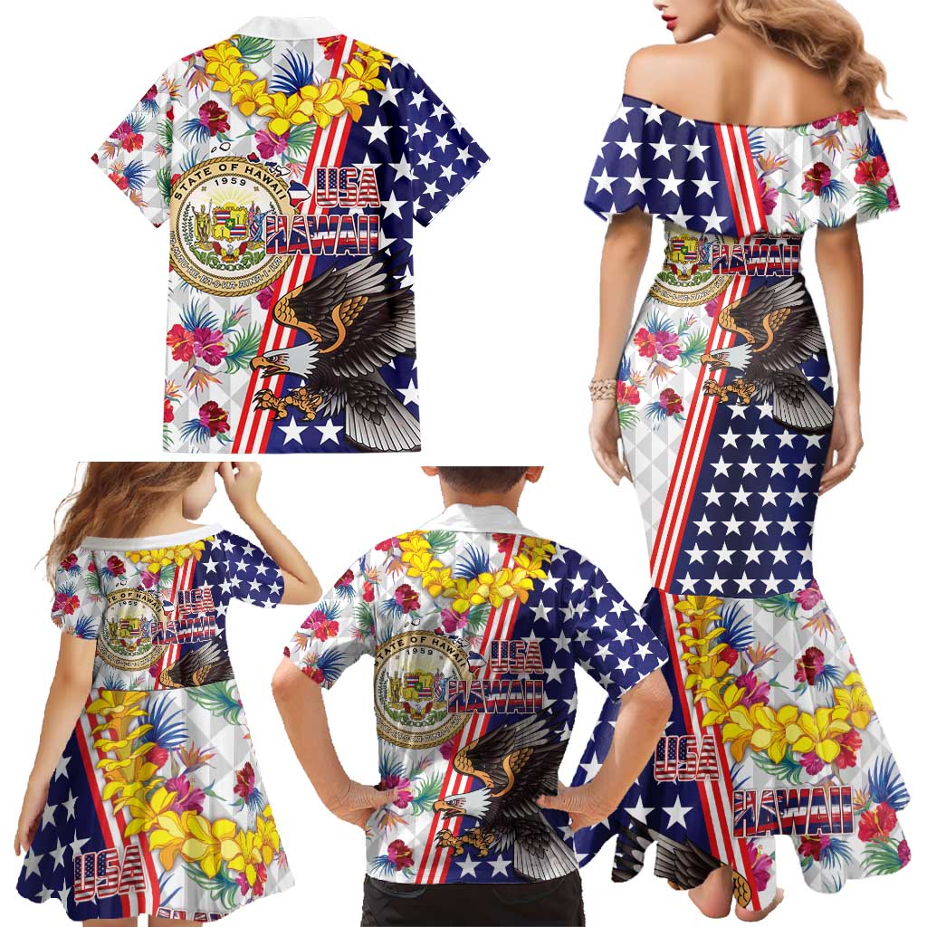 Hawaii and United States Together Family Matching Mermaid Dress and Hawaiian Shirt Seal of Hawaii and Bald Eagle LT03 - Polynesian Pride