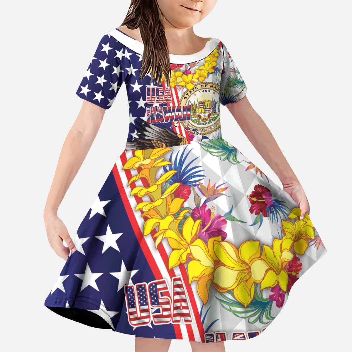 Hawaii and United States Together Family Matching Off The Shoulder Long Sleeve Dress and Hawaiian Shirt Seal of Hawaii and Bald Eagle LT03 Daughter's Dress White - Polynesian Pride