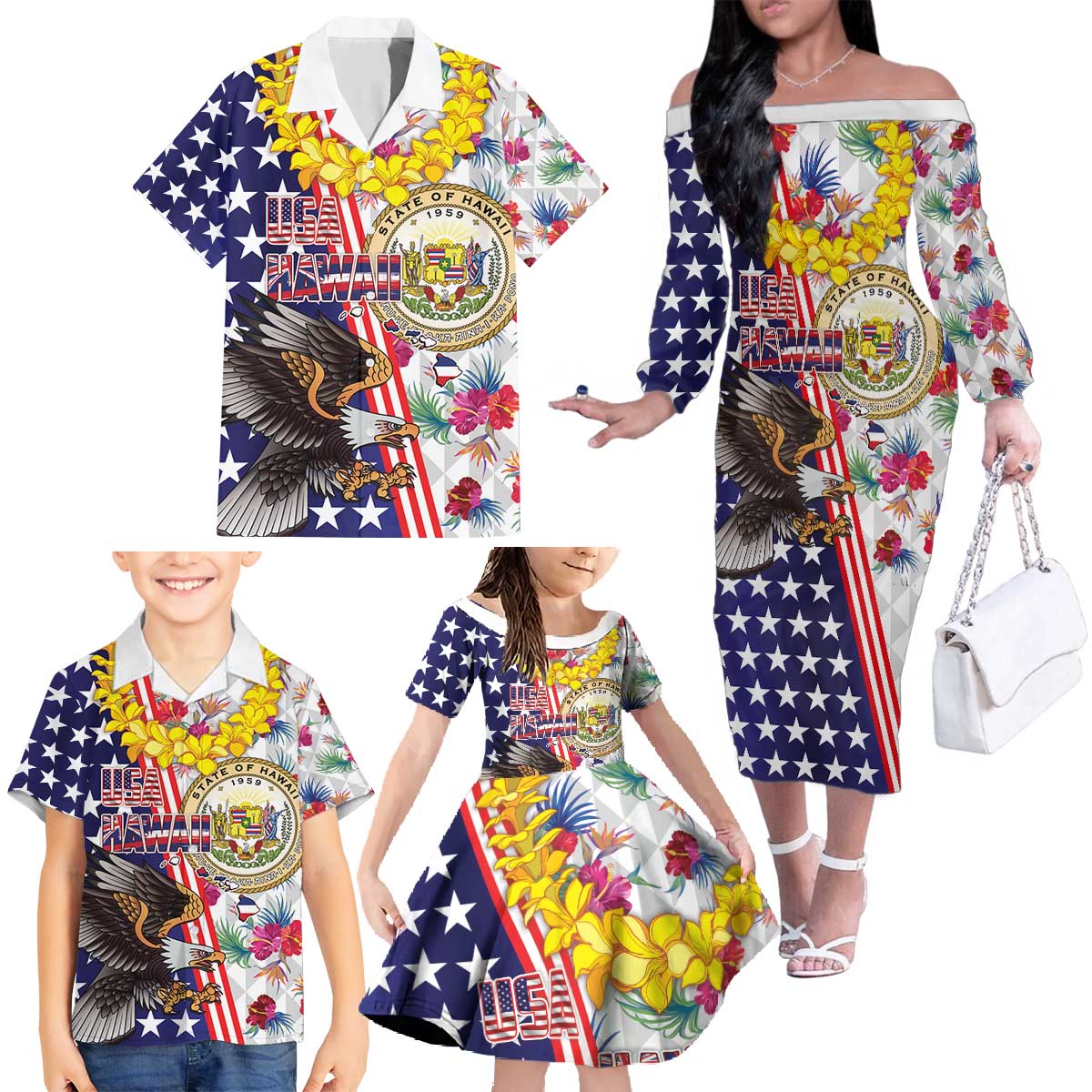 Hawaii and United States Together Family Matching Off The Shoulder Long Sleeve Dress and Hawaiian Shirt Seal of Hawaii and Bald Eagle LT03 - Polynesian Pride