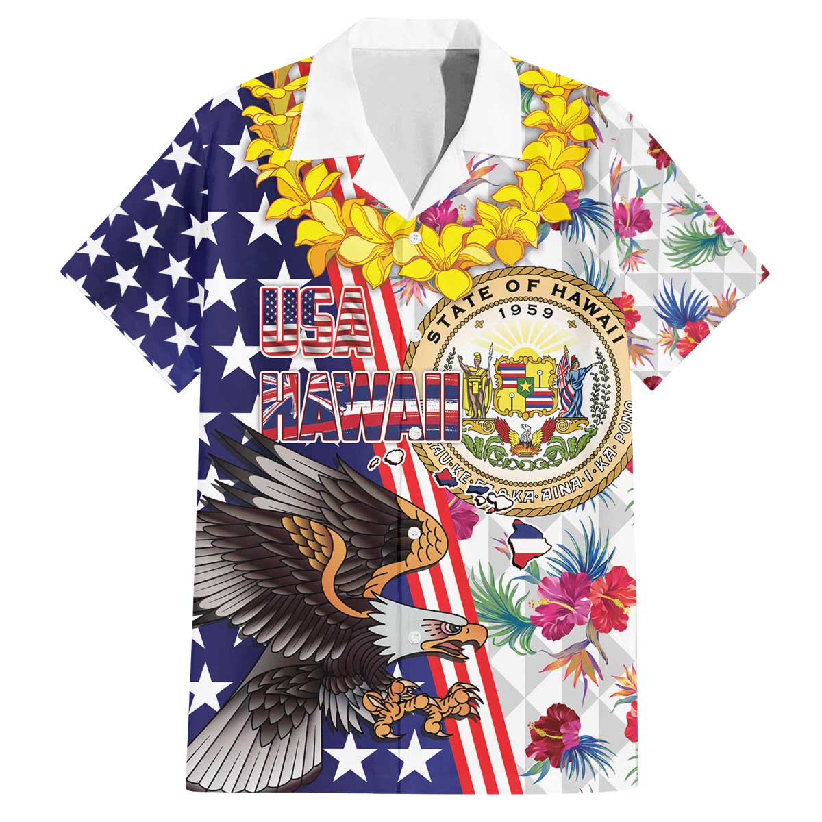 Hawaii and United States Together Family Matching Off The Shoulder Long Sleeve Dress and Hawaiian Shirt Seal of Hawaii and Bald Eagle LT03 Dad's Shirt - Short Sleeve White - Polynesian Pride