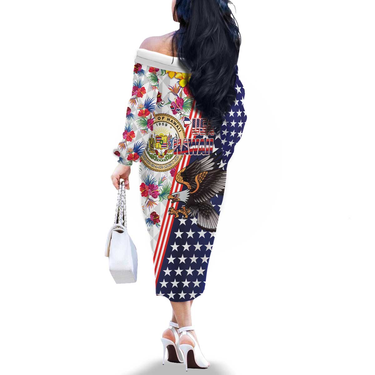 Hawaii and United States Together Family Matching Off The Shoulder Long Sleeve Dress and Hawaiian Shirt Seal of Hawaii and Bald Eagle LT03 - Polynesian Pride