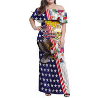 Hawaii and United States Together Family Matching Off Shoulder Maxi Dress and Hawaiian Shirt Seal of Hawaii and Bald Eagle LT03 Mom's Dress White - Polynesian Pride