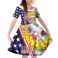 Hawaii and United States Together Family Matching Off Shoulder Short Dress and Hawaiian Shirt Seal of Hawaii and Bald Eagle LT03 Daughter's Dress White - Polynesian Pride