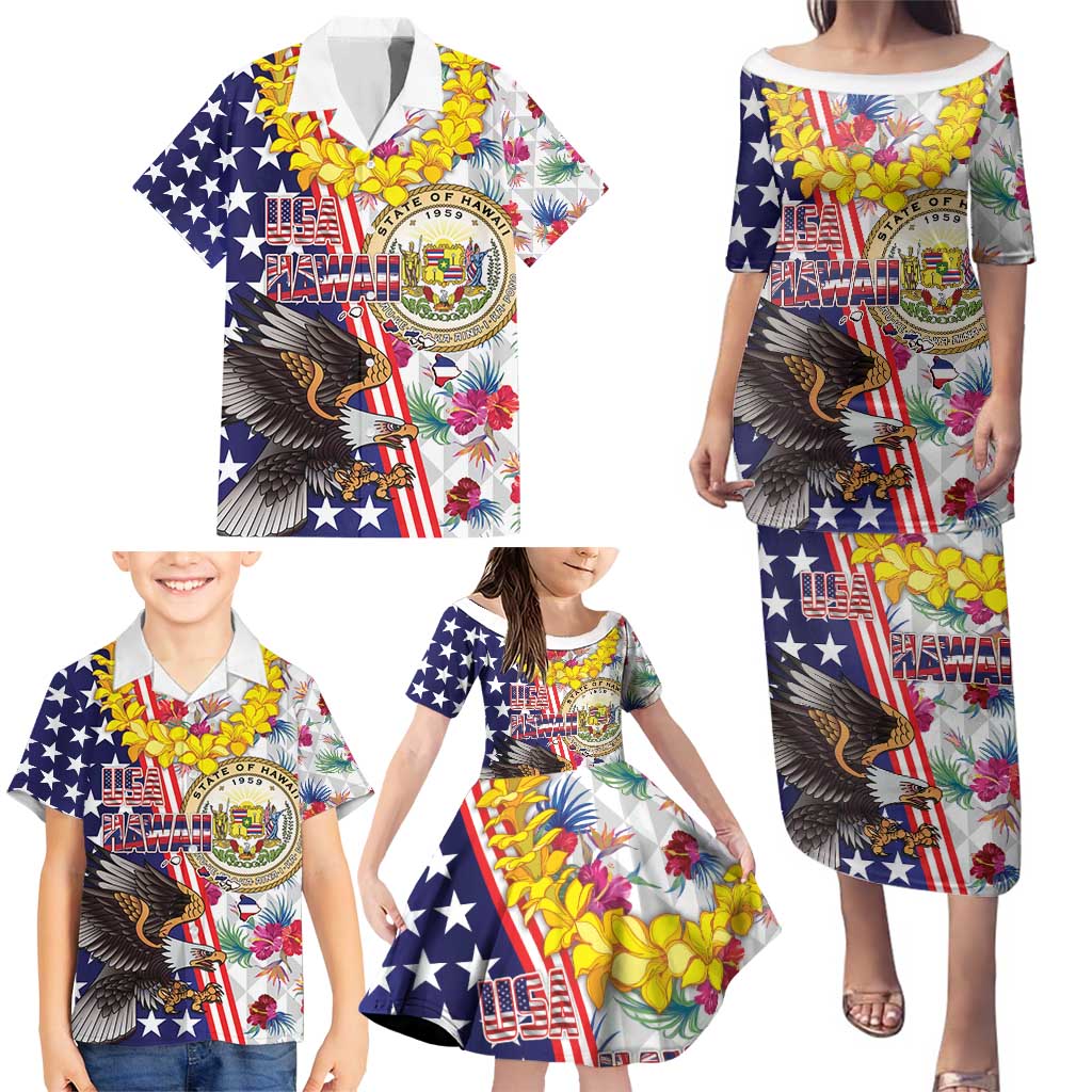 Hawaii and United States Together Family Matching Puletasi and Hawaiian Shirt Seal of Hawaii and Bald Eagle LT03 - Polynesian Pride