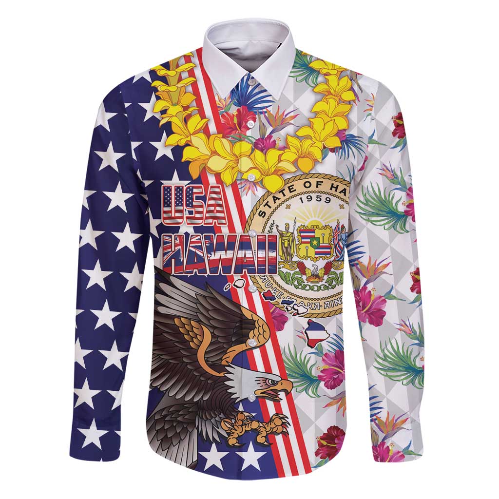 Hawaii and United States Together Family Matching Puletasi and Hawaiian Shirt Seal of Hawaii and Bald Eagle LT03 Dad's Shirt - Long Sleeve White - Polynesian Pride