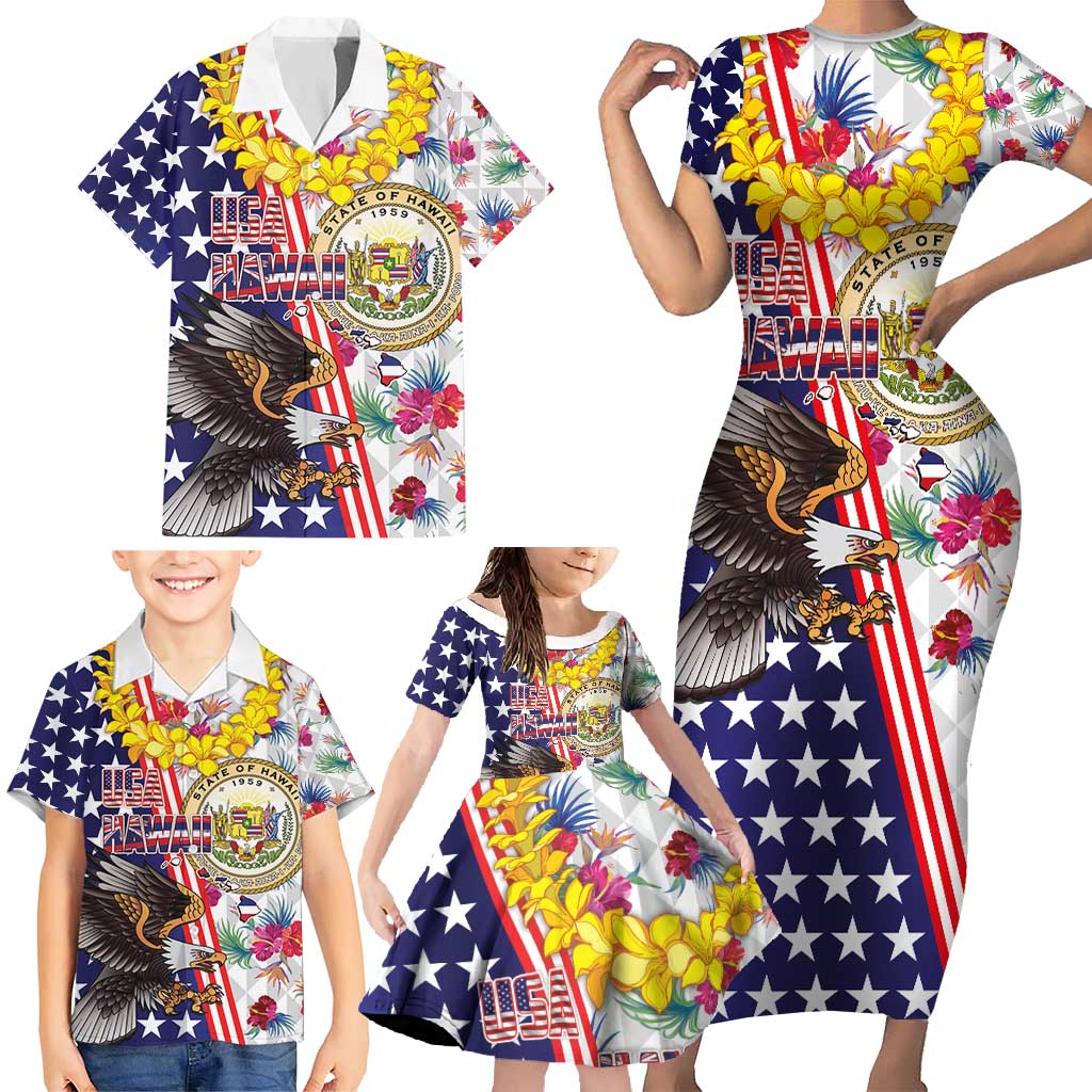 Hawaii and United States Together Family Matching Short Sleeve Bodycon Dress and Hawaiian Shirt Seal of Hawaii and Bald Eagle LT03 - Polynesian Pride