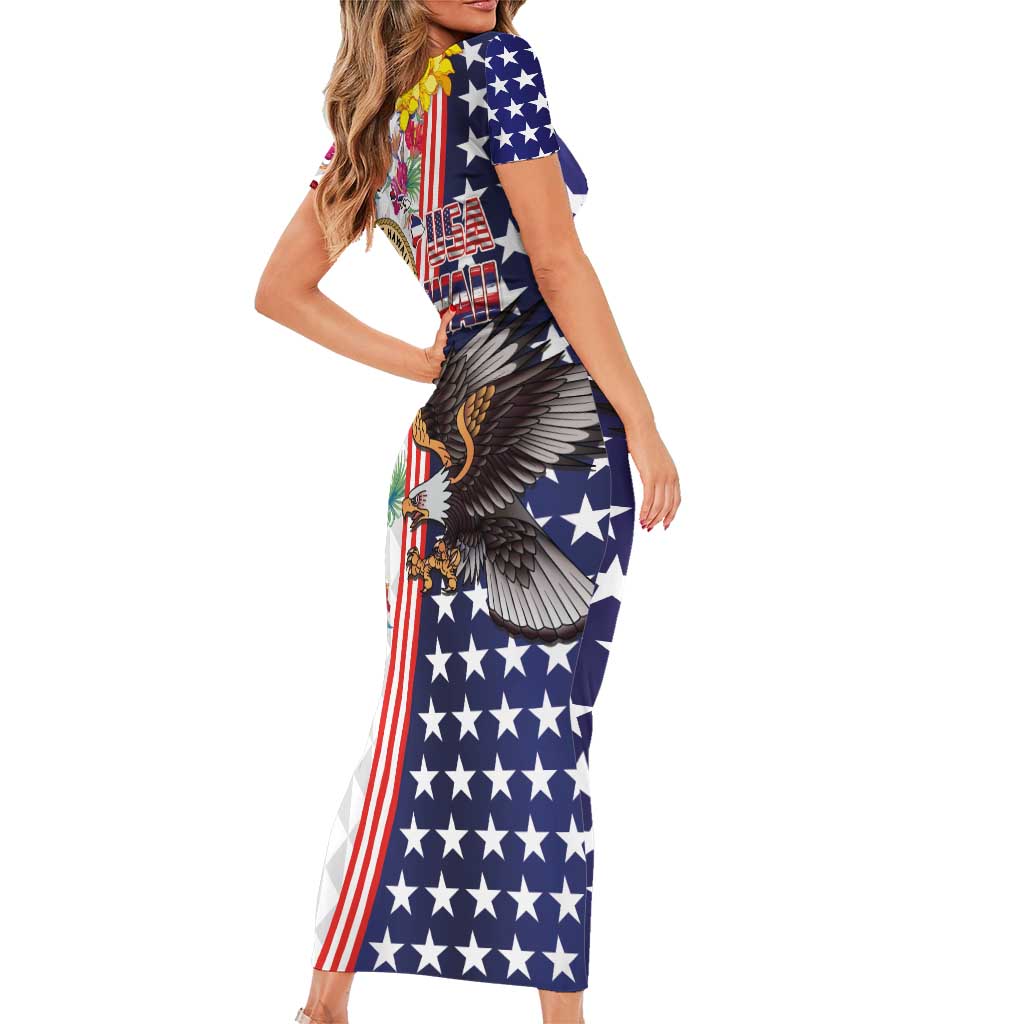 Hawaii and United States Together Family Matching Short Sleeve Bodycon Dress and Hawaiian Shirt Seal of Hawaii and Bald Eagle LT03 - Polynesian Pride